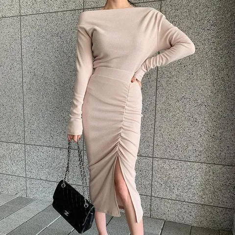 [하프클럽] 여자 오프숄더티 슬림 셔링스커트 슬릿 세트