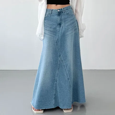 [하프클럽] 하이웨스트 데님 롱스커트 A라인 여름 연청 캐주얼 스커트 청치마