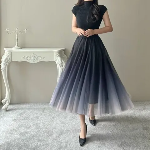 [하프클럽] 이슈타르 그라데이션 풍성한 화사한 밴딩 롱 맥시 이중 샤 데일리 여행 여신 발레코어 파티 스커트