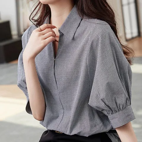 [하프클럽/블랙퀸]카제 격자체크 소매 셔링 면 블라우스 blk001418