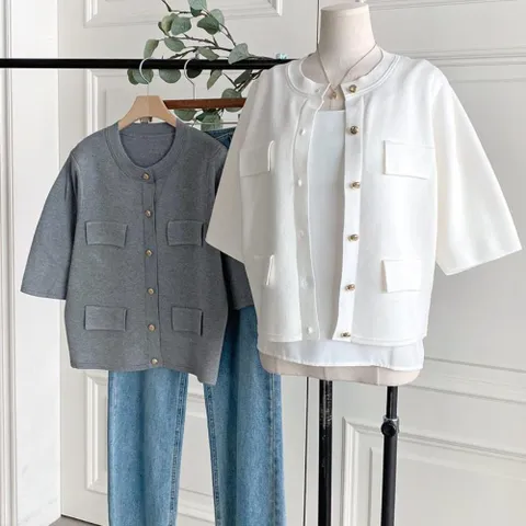 [신상오픈런] 반팔가디건 금장 라운드 오픈 봄니트 반소매자켓