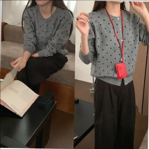 심플한 우먼 도트 이지 니트탑니트집업 원형넥 로우게이지 데일리웨어 럭셔리한 모던한룩