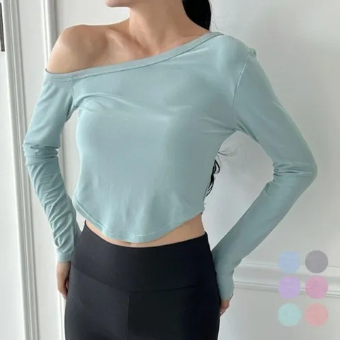 [하프클럽/모노무드]MNO 레이디스 원오프 어깨 하이라이트 스판 장팔 상의 패션 이지 리복 스타일링 크루넥티