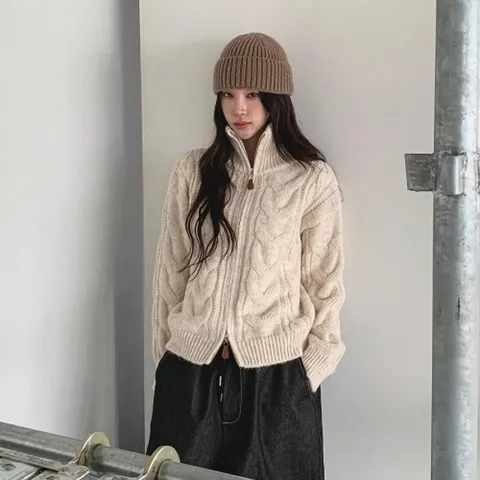 [다잇템] 여성 민무늬 울혼방 꽈배기 집업 색상 2WAY 니트_23540759_588872
