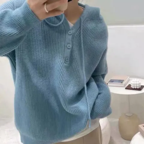 후드니트 긴팔 티 여성 봄 가을 루즈핏 블루 후드니트 니트후드 니트후드티 후드니트티