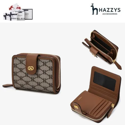 [선물포장][신상][지퍼돌이지갑]브라운 로고장식 가죽 여성 반지갑 HIWA3E835W1