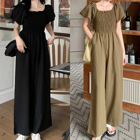 스모크밴딩 오프숄더 밴딩 점프수트 넥프릴 와이드핏 점푸수트 여자오버롤 여름오버롤