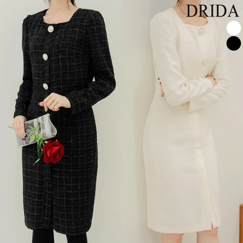 드리다 여자 스퀘어넥 트위드 빅사이즈 정장 원피스 40대 미시 하객 상견례 모임 격식 블랙 화이트