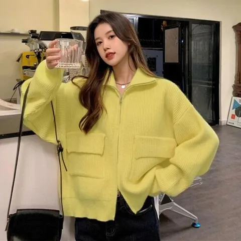 [하프클럽/끌레아]여성 간절기 보온성 좋은 슬림 핏 니트 집업 레몬 니트아 우터 여자 코디 가벼운