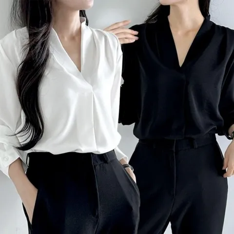 [하프클럽] 브이넥 쉬폰 블라우스 오피스룩 정장 셔츠 하객룩 시스루 여성 실크 화이트 흰색