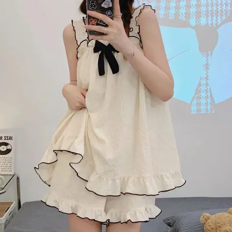 프릴나시리본 여름 여성 홈웨어 잠옷 파자마 수련회