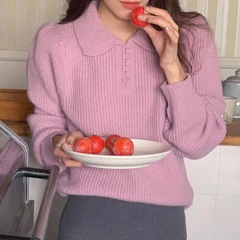 [하프클럽/끌레아]디자인 카라넥 내추럴한 버튼 니트 직장인 데일리티 연보라 스웨터