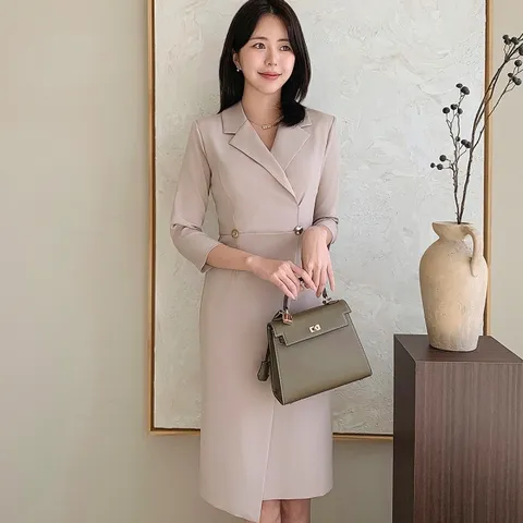 드리다 여성 봄 가을 카라 H라인 슬림핏 빅사이즈 7부 정장 랩 원피스 하객 상견례 오피스룩 모임