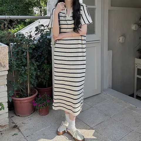 [하프클럽/모노무드] 브이넥 카라 단가라 루즈핏 베이지 캐주얼 롱 원피스