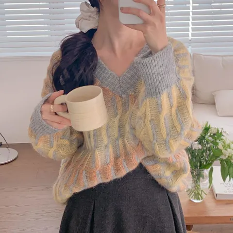 퍼트리밍 뜨개질 브이넥 여리핏 울니트 무지개 그라데이션