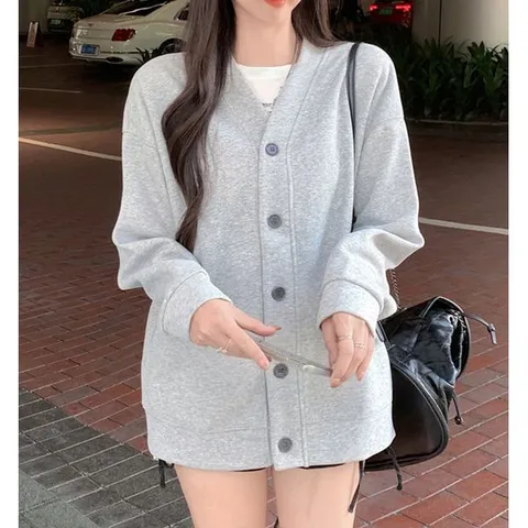 [하프클럽] 그레이멜란지 다이마루 브이넥 가디건 18DD3C