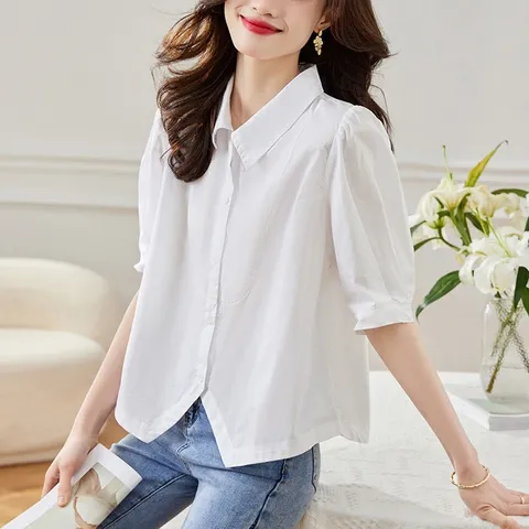 [브리치] 제로투올샵 / 여성용 반팔 순면 흰색 셔츠 여름용 캐주얼 화이트