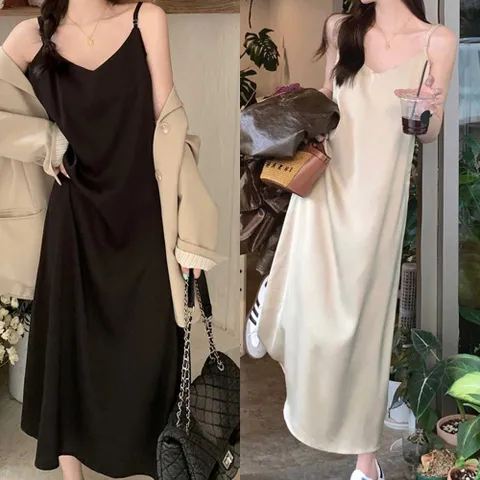 새틴 나시 롱원피스 a라인 끈나시 조절 브이넥 휴가룩 여름원피스 여성원피스 반팔원피스