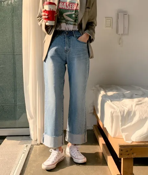 여성 난스판 롤업 통청바지 와이드 데님팬츠