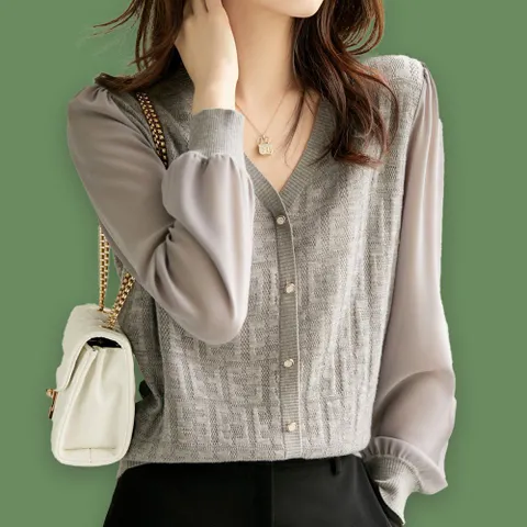 여성 봄 가을 퍼프 소매 긴팔 브이넥 니트 그레이 브이넥니트 여성니트티 가을니트 퍼프니트