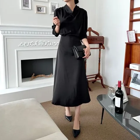 [하프클럽] 한민족 봄 가을 하객원피스 상견례 피로연 드레이프 셔링 새틴 핑크 블랙 정장 롱원피스