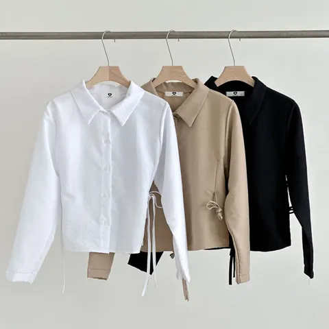 [브리치] 옷자락 / 여성 허리리본 무지 가을 오피스 크롭 블라우스