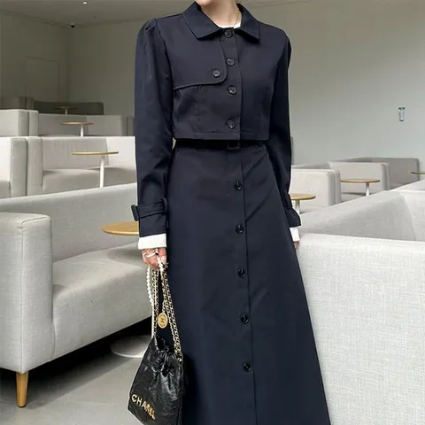 [하프클럽] 트렌치 크롭 자켓 스트랩 버튼 롱 스커트 세트 여성 투피스 셋업 하객룩 데이트룩