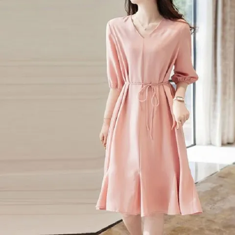 쉬폰 여자여름 셔링스커트 셔링 반팔 치마 브이 여자원피스  여성원피스  여자반팔원피스