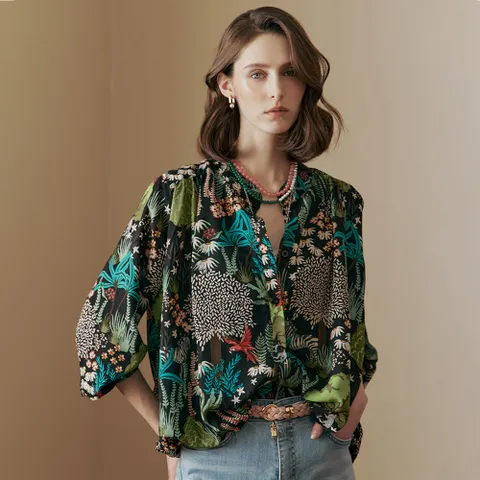 보타닉 패턴 셔링 벌룬 쉬폰 블라우스