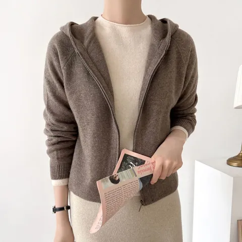 여성 캐시미어 울 후드 숏 니트 가디건 카디건