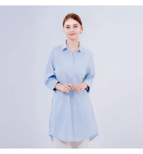 [보노보] 여성 루즈핏 린넨 롱 셔츠_블루