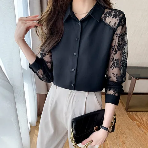 G126835_플라워망사레이스 셔츠블라우스 정장블라우스 레이스블라우스 꽃레이스 망사레이스