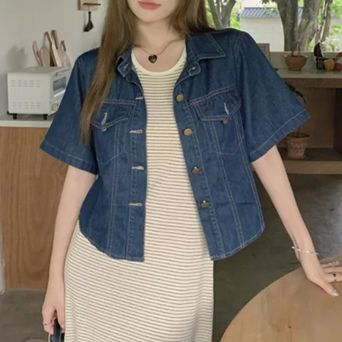 알티피아 여성 크롭 반팔 데님자켓 1P 여름 포켓 얇은 숏청자켓 반팔데님셔츠 데님크롭셔츠