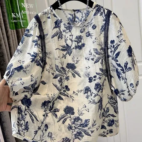 [브리치] 보니제이 / 빈티지 베이직핏 루즈핏 칠부 퍼프 라운드 블라우스