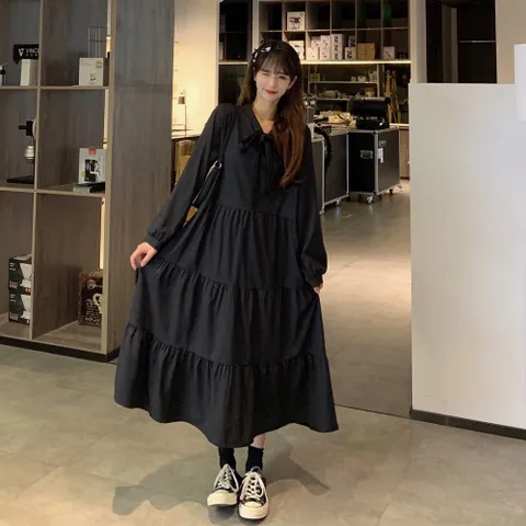 [옷자락] 여자 블랙 리본 브이넥 셔링 긴팔 맥시 롱 캉캉 원피스