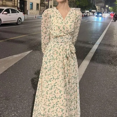 아레니아 가을 원피스 긴팔 여성 봄 롱 꽃무늬 엄마 여름 쉬폰 V넥 K1884 면 오피스룩 원피스