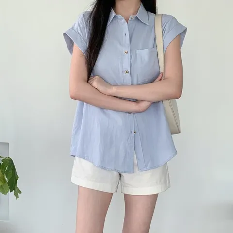 여자 여름 베이직 포켓 코튼 린넨 썸머 셔츠