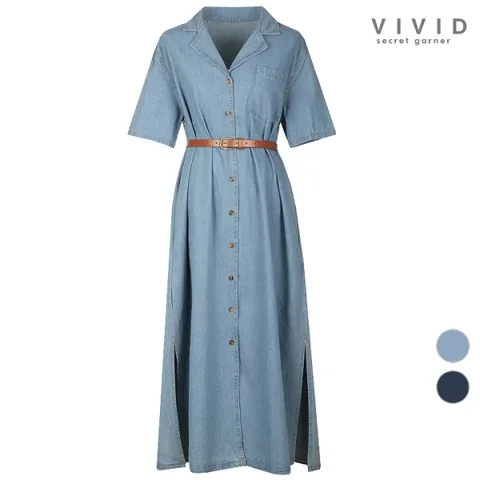 여성 반팔 벨티드 데님 원피스