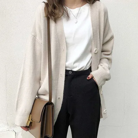 여자 간절기 데일리 검정 가디건 루즈 핏 사무실 코디