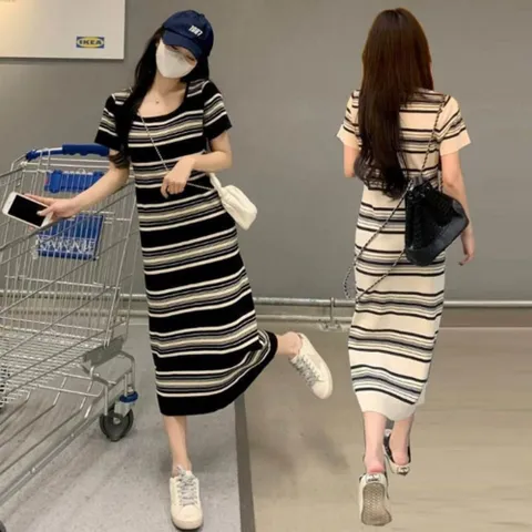 여성 스트라이프 여름 니트 스퀘어넥 반팔 롱 원피스 롱원피스 여성원피스 쉬폰원피스 원피스