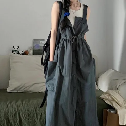 LN 릴리 멜빵 포켓 치마 원피스 여름 여성 여자 민소매 롱 스커트