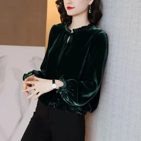 [브리치] 제로투올샵 / 2025 레트로 벨벳 긴팔 블라우스 프렌치 디자인 검은색