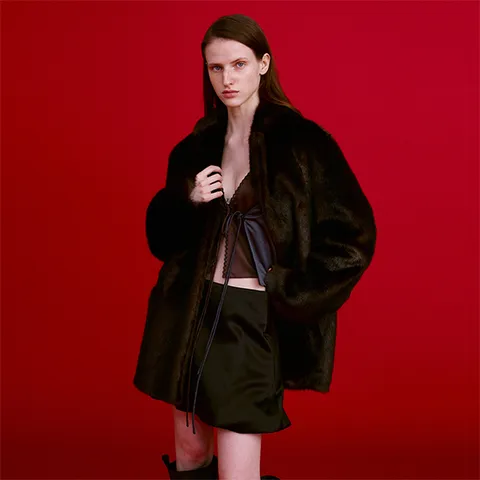 NOTCHED FAUX FUR JACKET - DARK BROWN