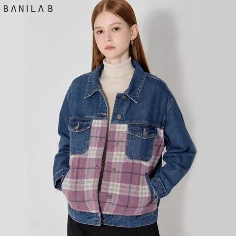 [바닐라비] 여성 체크 배색 데님 자켓 (택가격 78,000원)