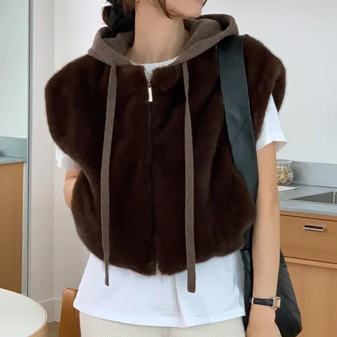 3온스 니트 후드 밍크 베스트