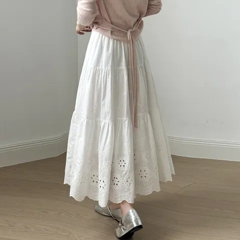 259028 - 펀칭 레이스 밴딩롱스커트 여름스커트 여성스커트 밴딩스커트 밴딩치마 롱치마 레이스스커트 펀칭스커트