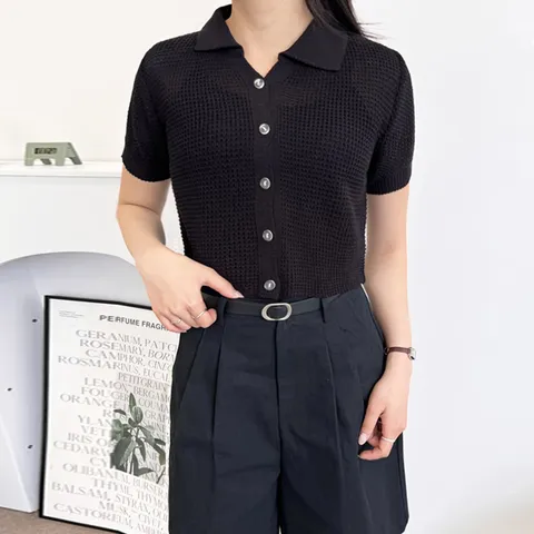 [하프클럽/엘케이트] 여성 반팔 니트 LDZ979 니트 카라 시스루 크롭 반팔티