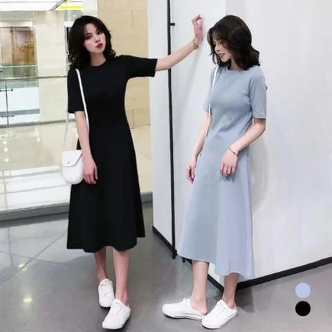 [하프클럽/여자 라운드넥 플레어 2컬러 반팔 롱 원피스