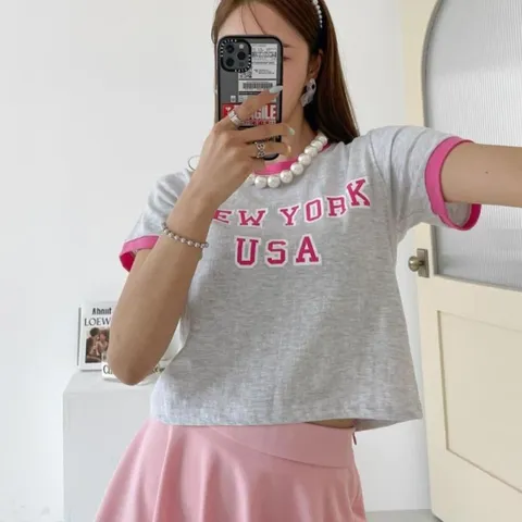 [M7] 여자 콘트라스트 라운드 반팔 세미크롭 반팔티