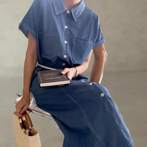 여자 진 롱 주머니 스트랩 반소매 원피스 (33258342)